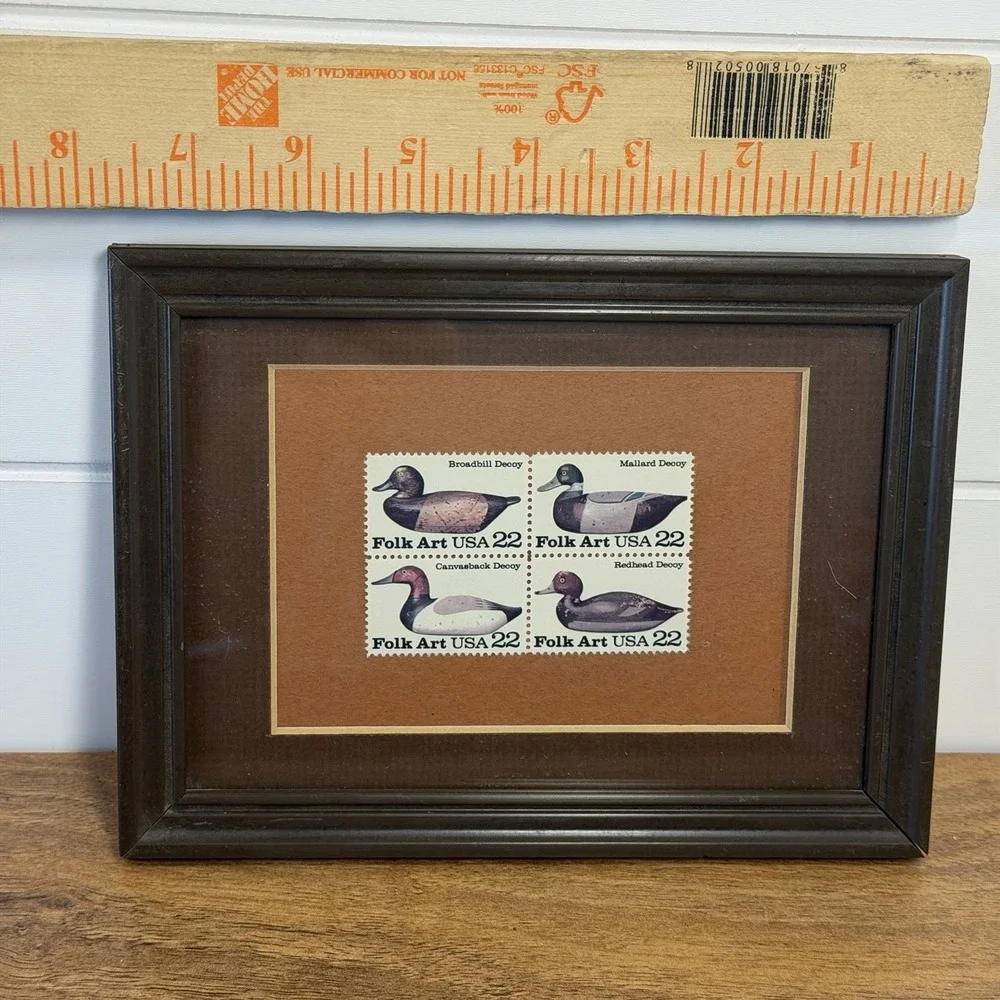 Framed Vintage 1985 Folk Art USA 22¢ Duck Decoy Stamps Block of 4 Rustic Decor